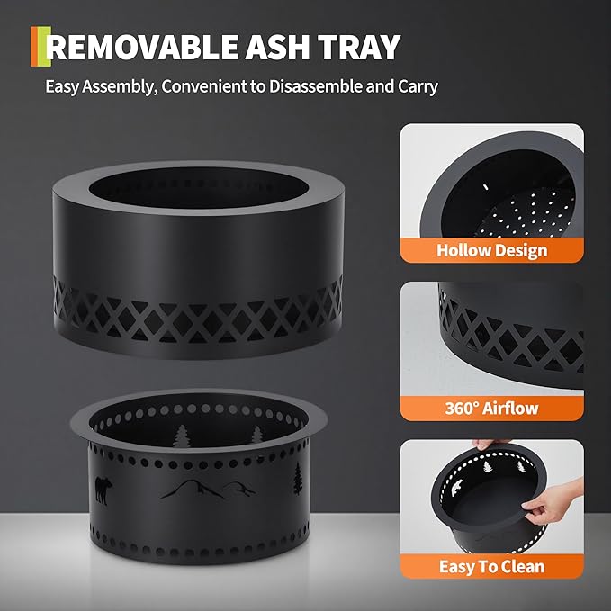 16In Smokeless Fire Pit - Wood Burning Firepit Table with Removable Ash Pan & Dust Bag, Outdoor Fireplace for Patio BBQ, Camping, Bonfire