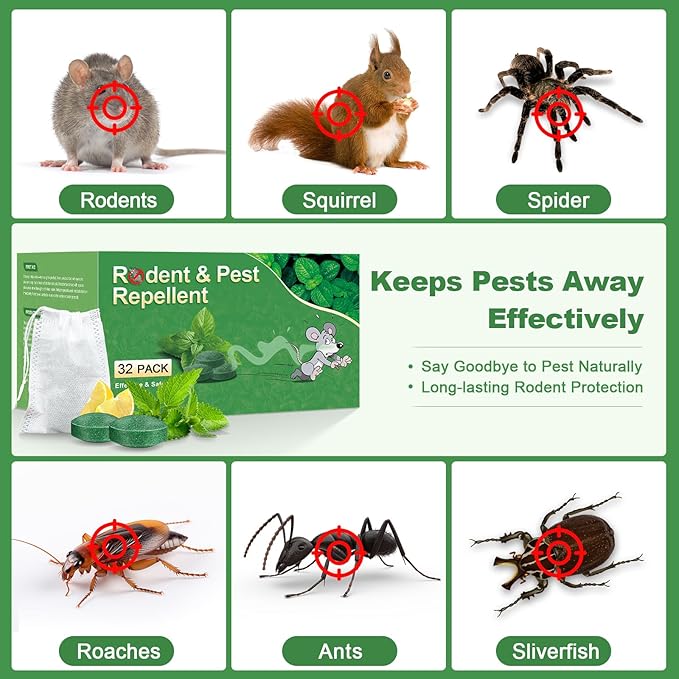 Mouse Rodent Repellent, 32 Pack Peppermint Oil Mice Repellent for Mice, Rats, Squirrels, Spiders and Pests, Indoor/Outdoor Natural Mouse Deterrent, Keeps Rodent Away from Garden & Home(Mint)