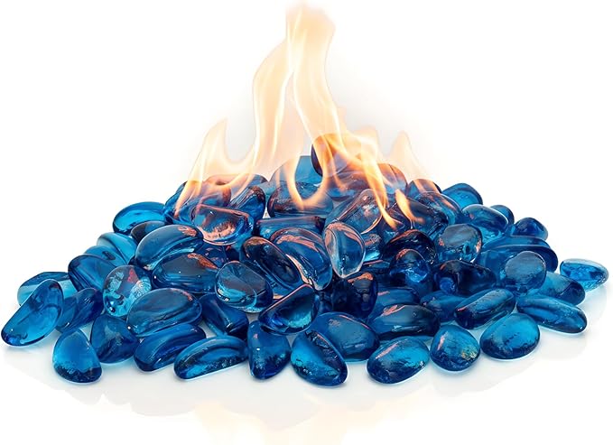 Kinger Home 10-Pound Fire Pit Glass Beads Pebbles Stones Reflective Oval Rocks for Natural or Propane Fire Pit and Landscaping Decorative, Blue