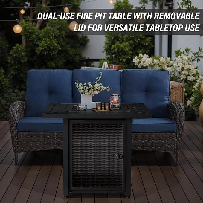 Belord 7-Piece Modern Brown Wicker Patio Conversation Set - 4 Swivel Glider Chairs, 2 Side Tables & 30" 50,000 BTU Propane Fire Pit Table