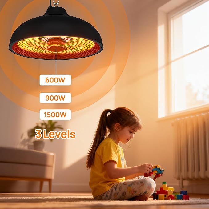 Hanging Patio Heater, Ceiling Mounted, Electric Patio Heater, Built in Temperature Control, Suit for Outdoor/Indoor, Greenhouse, 600W/900W/1500W, Black