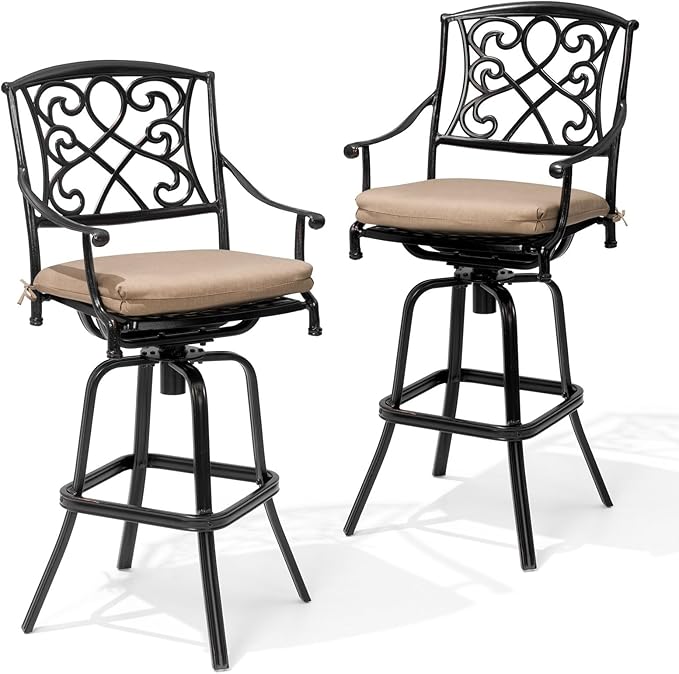 Crestlive Products Outdoor Bar Stools with Sunbrella Cushion Set of 2, 360° Swivel Patio Bar Height Chairs, All Weather Heavy Duty Commercial Grade Furniture, Antique Brown Finish for Outside (Beige)