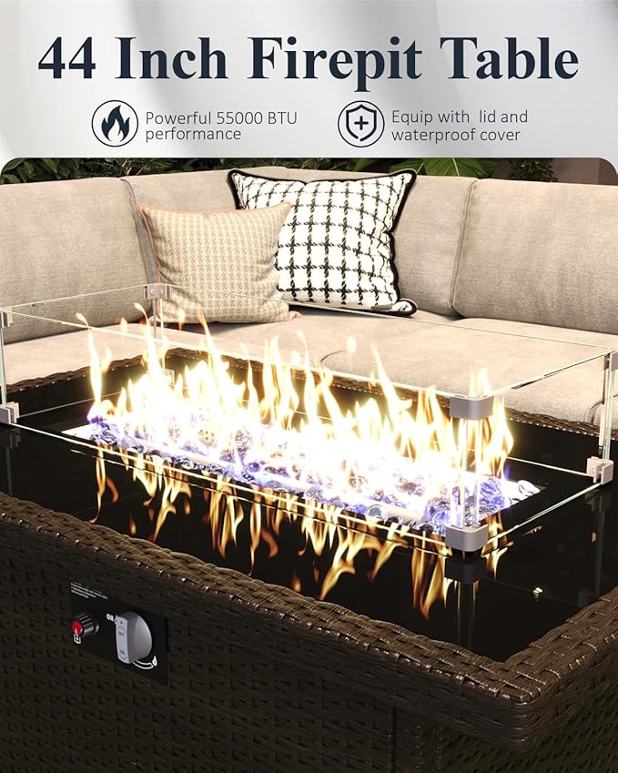 LayinSun 9-Piece Outdoor Modular Wicker Sectional Sofa with Fire Pit Table, Patio Furniture Conversation Set with Deep Seating and Thick Cushions
