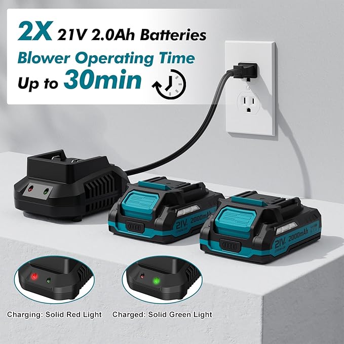 Leaf Blower Cordless - 21V Powerful Electric Leaf Blower with 2 Batteries and Charger, 2 Speed Modes, 2.0Ah Lightweight Battery Powered Leaf Blowers for Lawn Care, Patio, Dust, Blowing Leaves