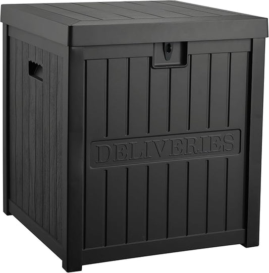 51 Gallon Resin Delivery Box for Outside, Lockable Secure Package Bin for Front Porch, Large Deck Boxes Outdoor Waterproof, Delivery Driver Snack Box for Porch, Black