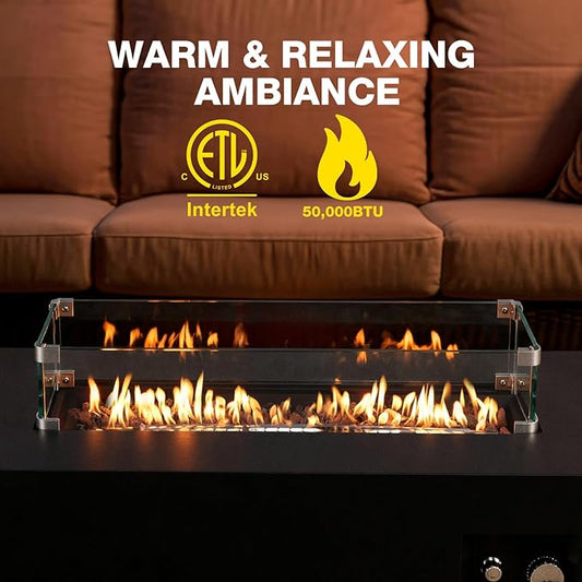 42” Rectangle Fire Pit Table Propane, 50,000 BTU Outdoor Steel Firepit with Tank Cover, Wind Guard, Waterproof Cover, Lava Rocks for Outside Patio Backyard, Black