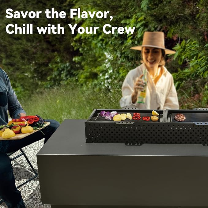 48 Inch Propane Fire Pit Table, 3-in-1 Rectangle Gas Fire Pits, 50,000 BTU Outdoor Fire Pit with Wind Guard, Griddle and Rain Cover, Suitable for Patio, Balcony and Courtyard
