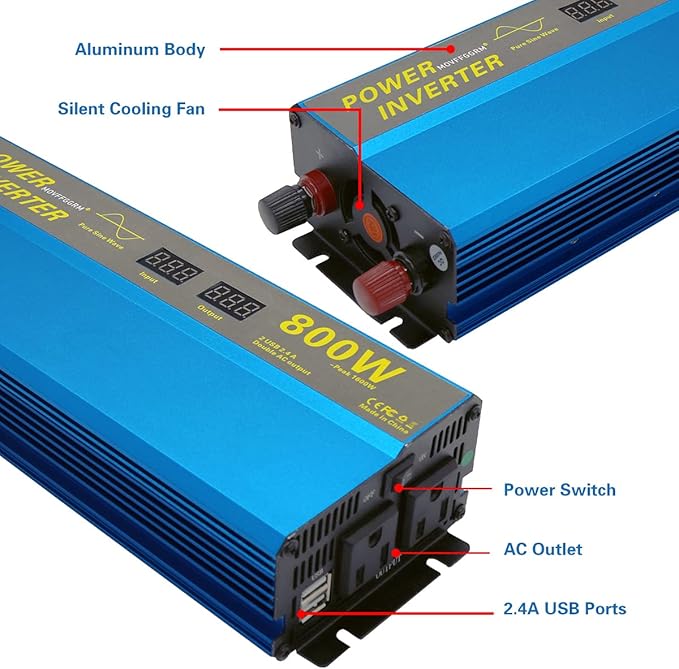 800W Peak 1600W Pure sine Wave Power Inverter for Vehicles peak-1600 watt DC 12V to 110V AC Inverter with 2.4A Dual USB Car Adapter LCD Digital Display MOVFFGGRM