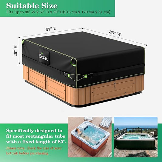 Uirway 600D Rectangular Hot Tub Cover 85”L x 67”W x 20”H [2025 Upgraded Heavy Duty Fabric] Outdoor Waterproof SPA Covers for Hot Tub, New Super Windproof Straps, Hot Tub Winter Cover Protector,
