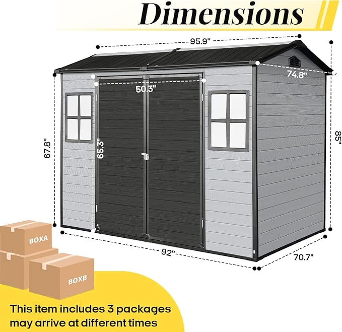 8x6 FT Resin Storage Sheds Outdoor with Floor Included, Plastic Sheds & Outdoor Storage Clearance with 2 Windows and Lockable Door, Backyard Storage Sheds for Bike, Garden Tools, Black+Grey