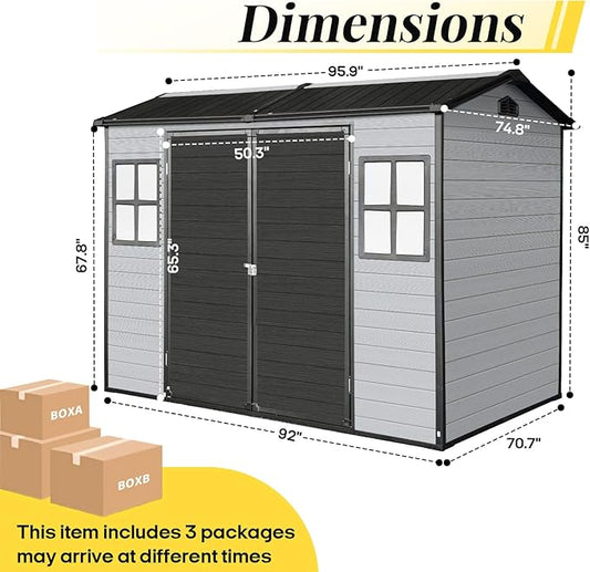 8x6 FT Resin Storage Sheds Outdoor with Floor Included, Plastic Sheds & Outdoor Storage Clearance with 2 Windows and Lockable Door, Backyard Storage Sheds for Garden Tools, Bike, Black+Grey
