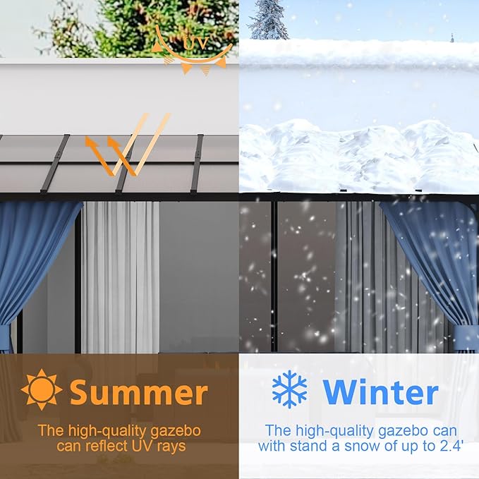 ASJMR 10x14FT Wall Mounted Gazebo Hardtop,Outdoor Wall-Mounted Patio Pergola Metal Frame Double Curtains Gazebo with Sloping Sun Panel Roof for Patio,Garden,Lawn,Pool,Backyard Deck, Navy