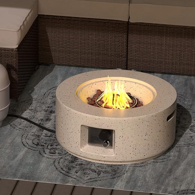 SUNBURY Outdoor 28 Inch Propane Fire Pit Table, 40,000 BTU Spotted White Patio Gas Fire Table w Lava Rocks, Waterproof Cover