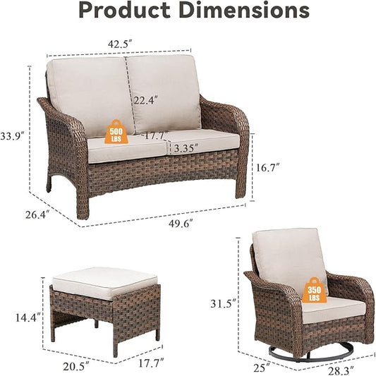 5 Pieces Patio Furniture Set, Outdoor Wicker Sofa with Swivel Patio Chairs, Ottomans, All Weather High Back Rattan Loveseat Couch with Comfy Cushions, Brown/Beige