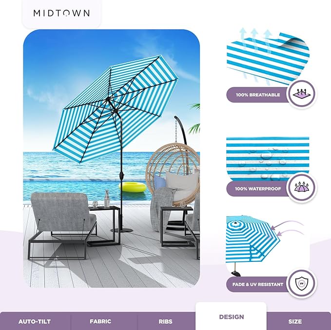 Midtown Umbrellas The Lean 6 Feet Outdoor Umbrella With Terylast Cobalt Stripes (Blue/White Stripes) Polyester Fabric - Auto-Tilt Aluminum Frame Patio Umbrella For Deck, Garden, Pool - Black Pole