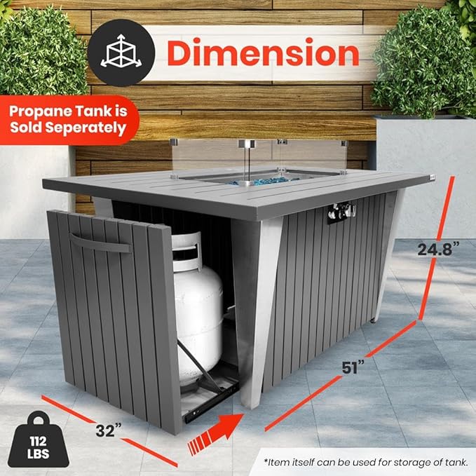 SereneLife Outdoor Propane Fire Pit Table - CSA/ETL Certified 50,000 BTU Pulse Ignition Weatherproof Rectangle Propane Gas Fire Table w/Adjustable Flame - Glass Rocks Wind Guard, Black SLFPSX55