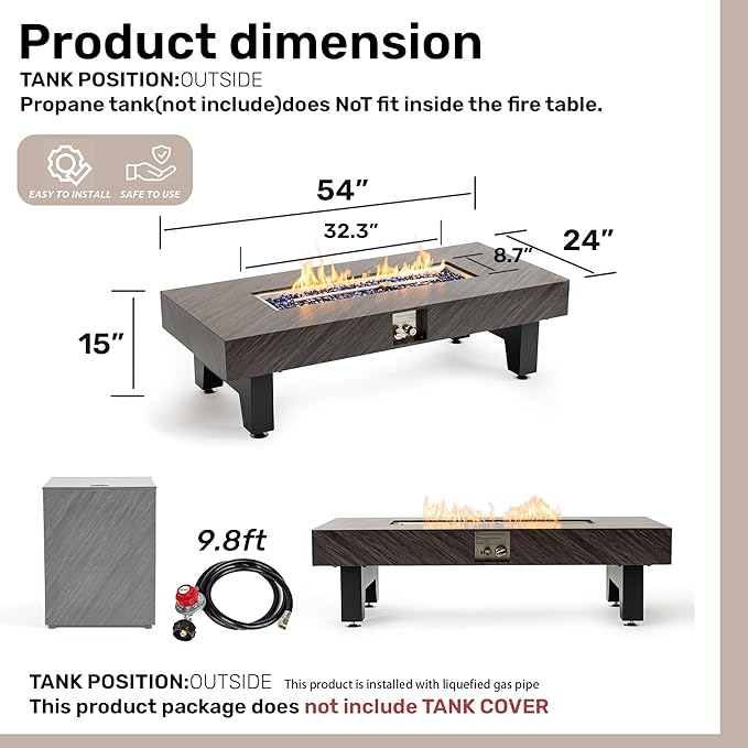 54”Propane Fire Pit,Outdoor Gas Fire Pit Table with Rain Cover,Rectangular Heater for Patio, Backyard, Deck,50,000BTU Outdoor Modern Patio Fire Pit.