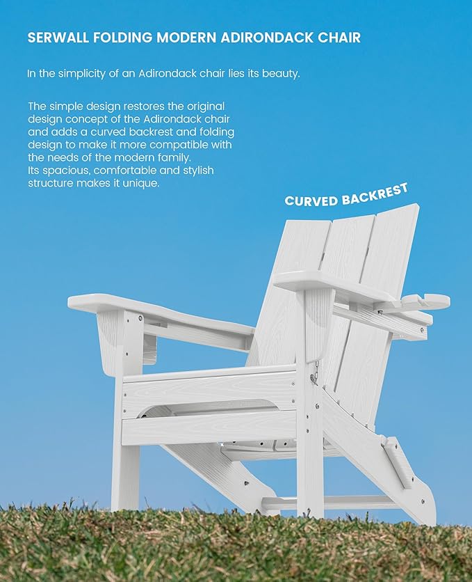 SERWALL Modern Folding Adirondack Chair Set of 8, Weather Resistant HDPE Outdoor Adirondack Chair with Cup Holders, Fire Pit Chairs for Patio Lawn Garden, White