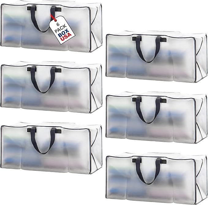 BOX USA 6 Pack Extra Large Clear Moving Bags with Handles & Zippers | Heavy Duty Storage Totes, Packing, Dorm Room Essentials & College Space Saving