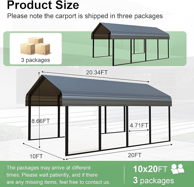 RV Metal 10x20FT Carport Canopy Heavy Duty Carports Kits for Garage,Aluminum Car Ports with Steel Shelter Frame Cover for 1 Car or Boats