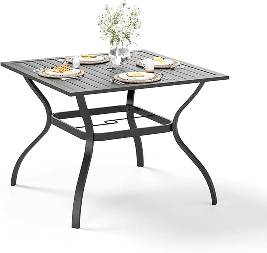 HERA'S HOUSE 37" Square Outdoor Dining Table for 4, 4-Person Metal Steel Slat Patio Table with Umbrella Hole for Lawn Garden Backyard, Black