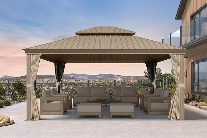 PURPLE LEAF Outdoor Gazebo 14'X16'，Champagne Hardtop Gazebo with Galvanized Steel Double Roof, Permanent Patio Gazebo with Curtains and Netting for Patio Lawn Garden and Deck