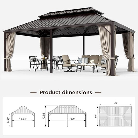 GREEN PARTY 12 X 20ft Hardtop Gazebo with Nettings and Curtains, Heavy Duty Double Roof Galvanized Steel, Outdoor Aluminum Gazebos Pergolas for Patios, Backyard, Deck, Garden, Lawns