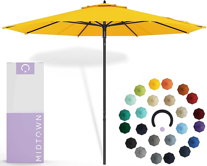 Midtown Umbrellas Push Pop Sunbrella Umbrella 10 Feet Large Outdoor Umbrella With Yellow Fabric - Deck Patio Umbrella, Backyard Umbrella, Garden Umbrella & Pool Umbrella - Black Pole