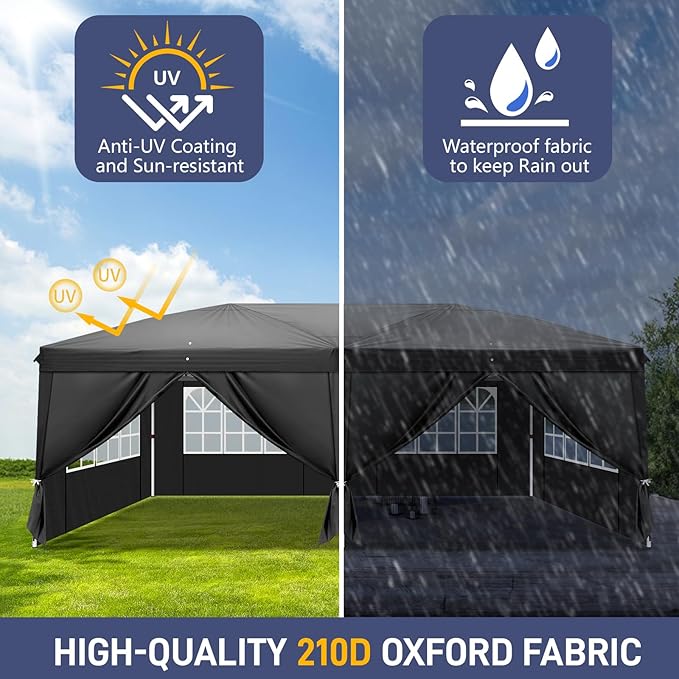 CFATLFRM 10x20 Black Pop Up Canopy Tent with 6 Removable Sidewalls, Carry Bag & 6 Sandbags & Stakes & Ropes Portable Commercial Outdoor Shelter Gazebo Tents for Parties Wedding Event Camping