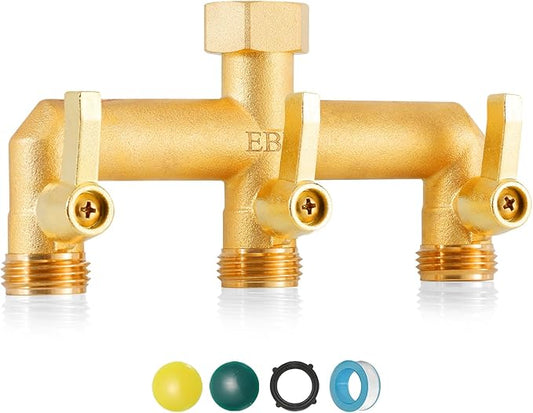 EBH Brass Garden Hose Splitter, 3 Way Outdoor Faucet Splitter, 3 Long Metal Handle and Individual On/Off Valve, GHT 3/4-Inch Heavy Duty Hex Female Inlet and 3/4-Inch Male Outlet