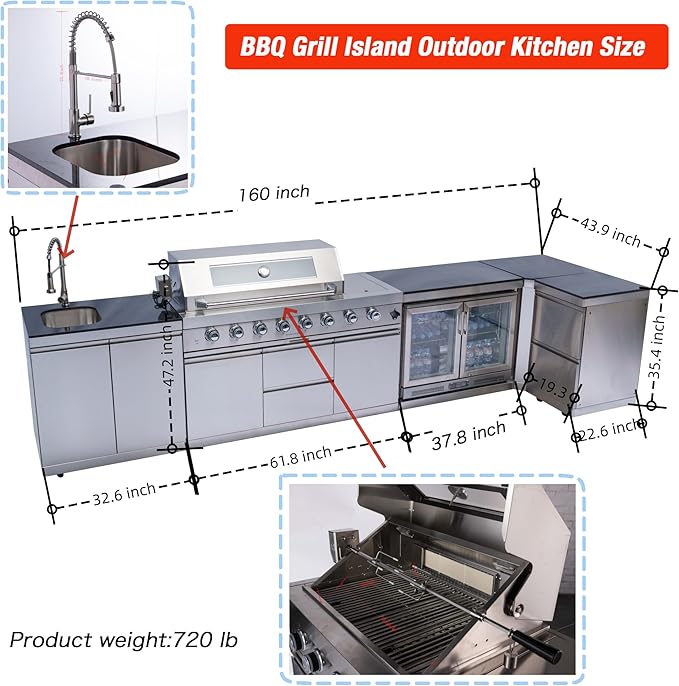 BBQ Grill Island Outdoor Kitchen: Luxury 160 Inch 6-Burner 96000 BTU Stainless Steel Built-in Propane Gas Barbecue Station with Wine Cooler Refrigerator, Rotisserie, Storage Cabinets, Drawers, Sink