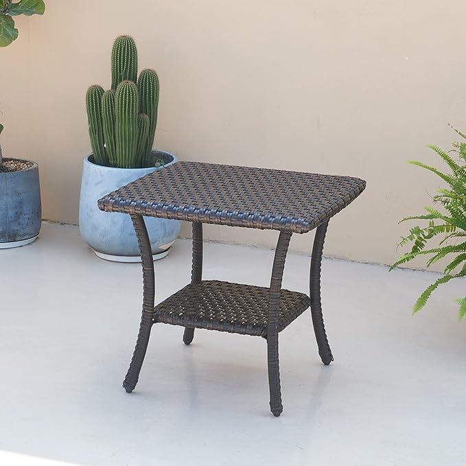 Rilyson Patio Tables Outdoor Coffee Table - Wicker Rattan Side Tables with 2-Tier Storage Shelf End Table for Porch Deck Balcony Garden Outside Square Brown