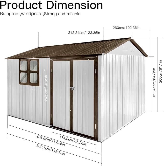 Metal Garden Sheds 10ftx8ft Outdoor Storage Sheds White+Coffee with Window, for Backyard, Patio, Poolside