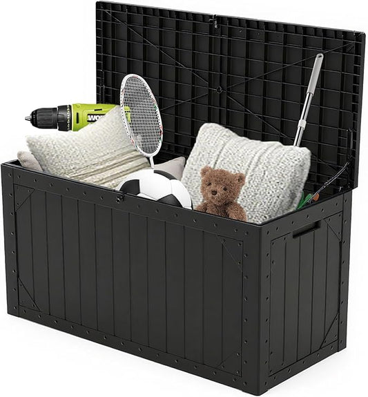 110 Gallon Waterproof Large Resin Deck Box Indoor/Outdoor Lockable Storage Container and Seating for Garden, Pool, and Patio (110 Gallon, Black)