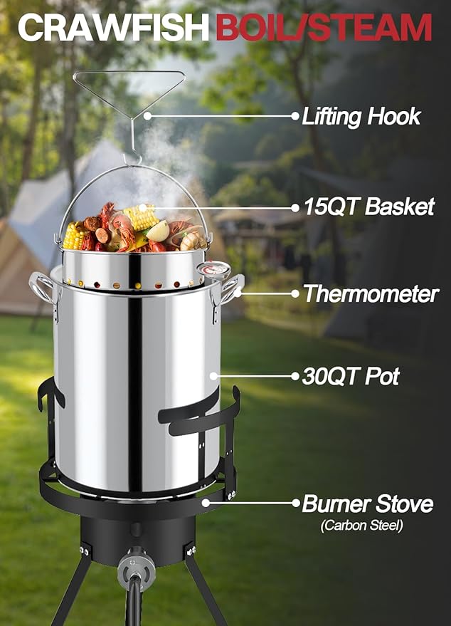 30QT Stainless Steel Turkey Fryer | Seafood & Crawfish Boiler | Basket, Cover & Skimmer Included | 50,000BTU Propane Burner | Perfect Fryer Kit for Holiday and Seasonal Cooking