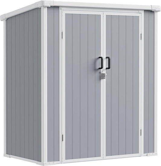 5x3 ft Outdoor Storage Shed with Floor, All-Weather Resin Tool Shed with 2 Shelves, Heavy-Duty Garden Shed for Yard, Bicycle, and Lawn Equipment, Easy Assembly, Aritic Light Gray