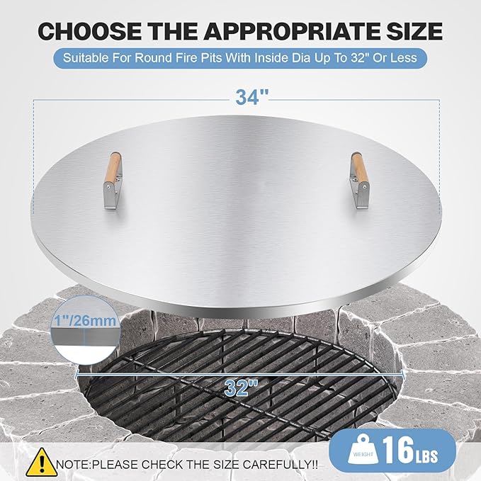 Fire Pit Lid Round - 34" Stainless Steel Rust Resistant Firepit Cover or Table with 2 Wooden Handle for Patio Fire Pit, Weatherproof for All Seasons, Fits Fire Pits Up to 32"
