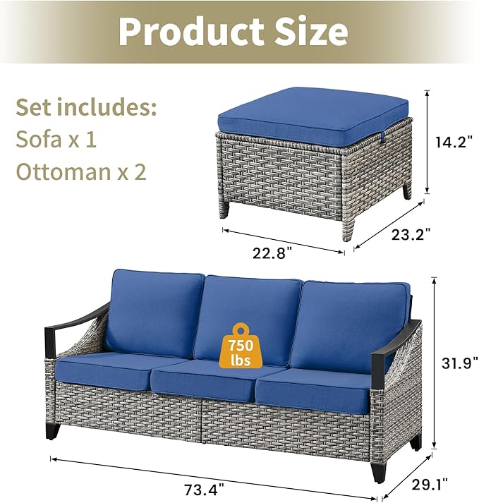 Outdoor Patio Furniture Sofa Set - 3 Pieces PE Wicker Patio Furniture Section Couch with Multifunctional Ottoman, All Weather Patio Conversation Set for Deck Balcony Garden Gray/Blue