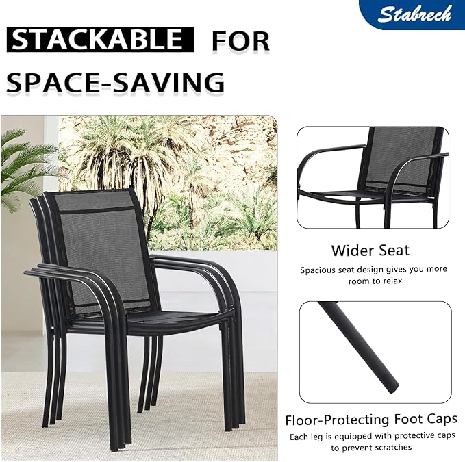 5 Pieces Patio Dining Set for 4, Black Patio Stackable Chairs and Black Round Table Set of 4, Outdoor Furniture Set with Sling Support for Outside, Garden