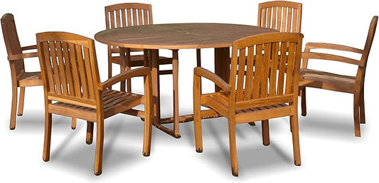 Grade-A Teak Indonesian Teak Mardel Square Folding Table and 8 Java Chairs | Double Extension Square Table & Stacking Chairs | Wooden Outdoor Seating Natural Finish