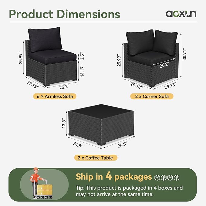 Aoxun 10 Piece Patio Furniture Set Wicker Rattan Patio Sectional Sofa Set Outdoor Seating Furniture with Thickened Cushion, Black