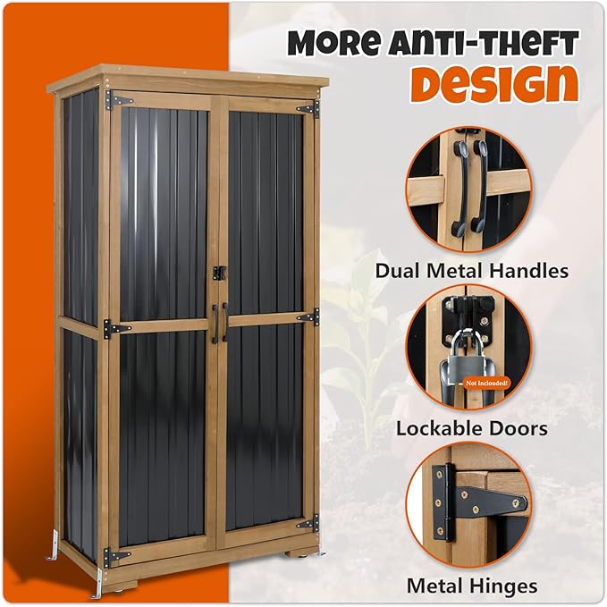 Outdoor Storage Cabinet with Shelves, Wood & Metal Storage Shed with Weatherproof Roof, 3 Removable Shelves, Double Lockable Doors, Adjustable Feet, Outside Storage Cabinet for Garage, Patio, Backyard