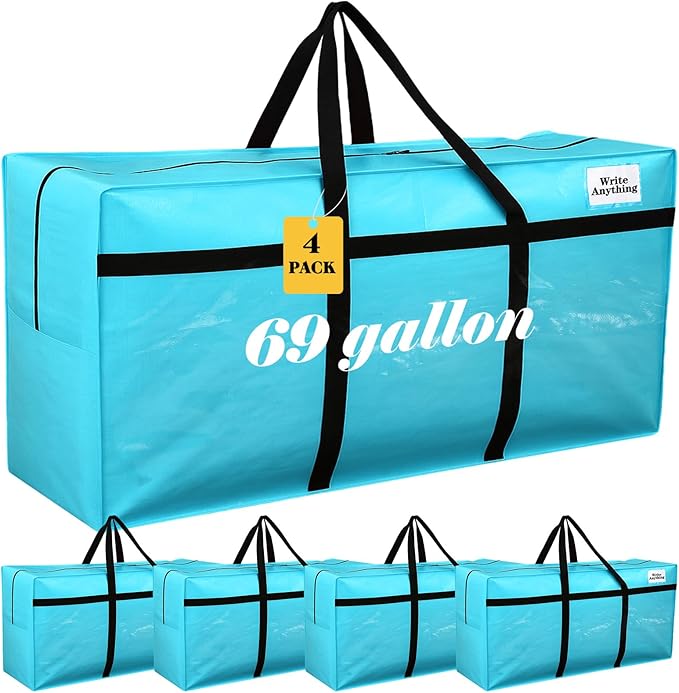 Windyun 4 Pack 69 Gallon Extra Large Storage Bags XXL Moving Bags with Zipper Handles Heavy Duty Jumbo Big Tote Box for Christmas Tree Storage 4, 5, 7.5, 9, 10, 12 ft Skeleton College Dorm(Lake Blue)