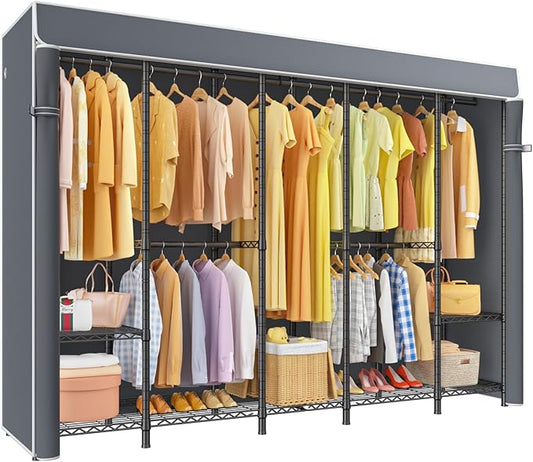 H50C Extra Large Clothes Rack with Cover, Freestanding Portable Closet, Covered Clothing Racks for Hanging Clothes, Heavy Duty Garment Rack, Wardrobe Closet with Gray Cover Max Load 1350 Lbs