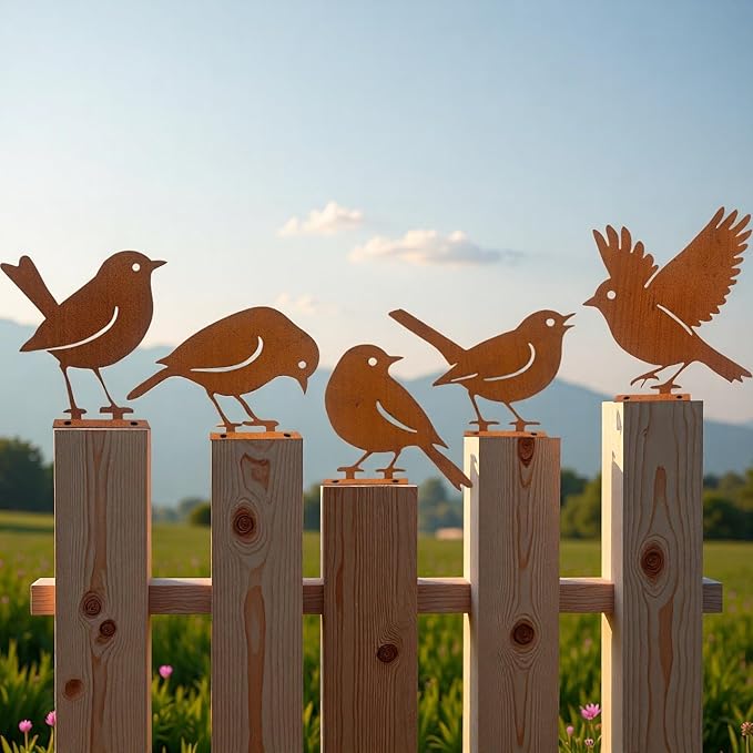 5PCS Rusty Metal Birds Decoration, Metal Birds Fence Decor, Outdoor Bird Wall Decor, Bird Silhouette Yard Art, Garden Sculptures & Statue Ornaments, Fence Decorations Outdoor, Rustic Garden Decor