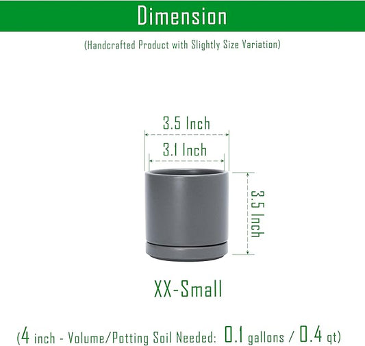 D'vine Dev Set of 4 Small Ceramic Plant Pots, 3.5 Inch Succulent Planter Pot for Plants with Drainage Hole and Saucer, Grey, 94-X-A-3