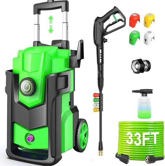 Professional Pressure Cleaner 5000 PSI,Heavy Duty Power Cleaner with 4 Nozzles,Foam Cannon,33FT Hose and 500ml Soap Bottle for Home/Cars (Green)