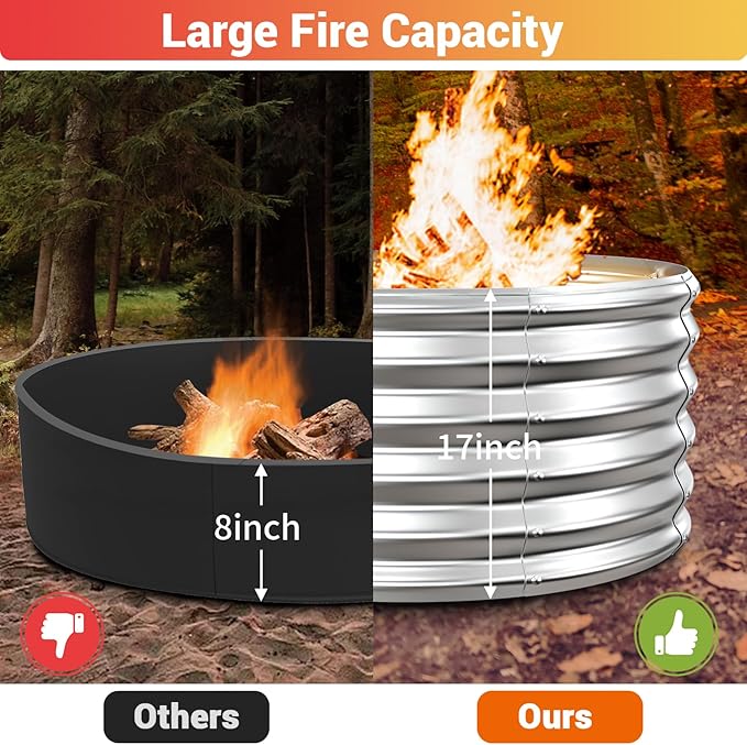 32 Inch Outdoor Fire Pit Ring,17'' Taller High Heat Resistant Wood Burning Firepit & Fireplace for Outside, Heavy Duty Galvanized Steel Fire Pits Bowl for Backyard Bonfire, Patio, Camping, Round