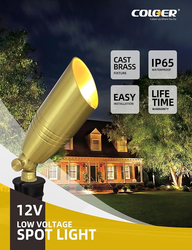 COLOER Die-cast Brass Landscape Spotlight 1-Pack Without Bulb,12V AC/DC Low Voltage Copper Outdoor Lighting with Ground Stake, Directional Garden Patio Spot Up Light (102B Copper Finish)