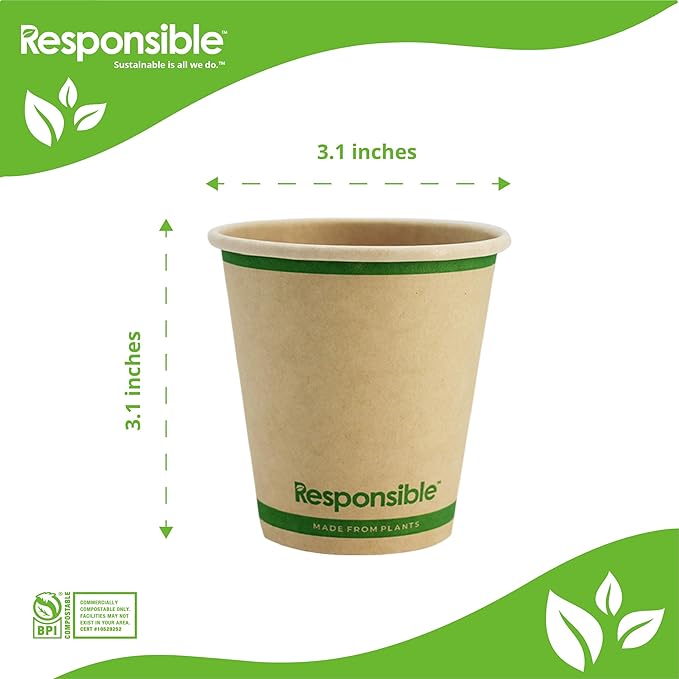 Responsible Products Certified Compostable 6 oz Paper Cups, Cold ＆ Hot Coffee Cups, Disposable Paper Cups, Extra Strength Disposable Cups, Made without PFAS (50 count)